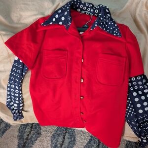 Red Button-Up Shirt with Polka Dot Sleeves